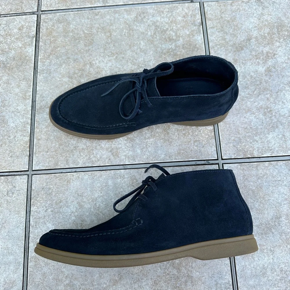 Brunello Cucinelli Navy Suede Chukka Boots with Tan Sole